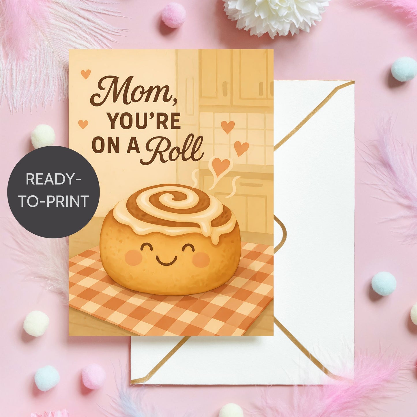 Printable 5x7 Mother’s Day card with the message “Mom, You’re On a Roll,” featuring a cinnamon roll graphic and playful pastel design, available as an instant PDF download.