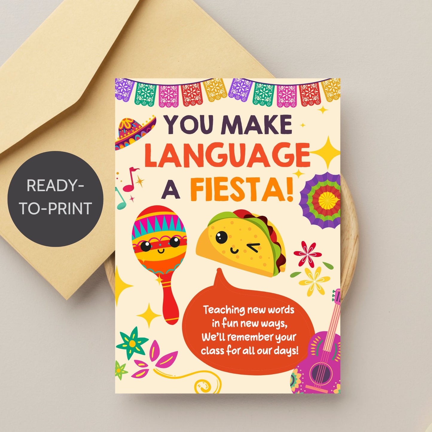 Printable teacher card reading “You Make Language a Fiesta” – world language appreciation design, 5x7 digital download