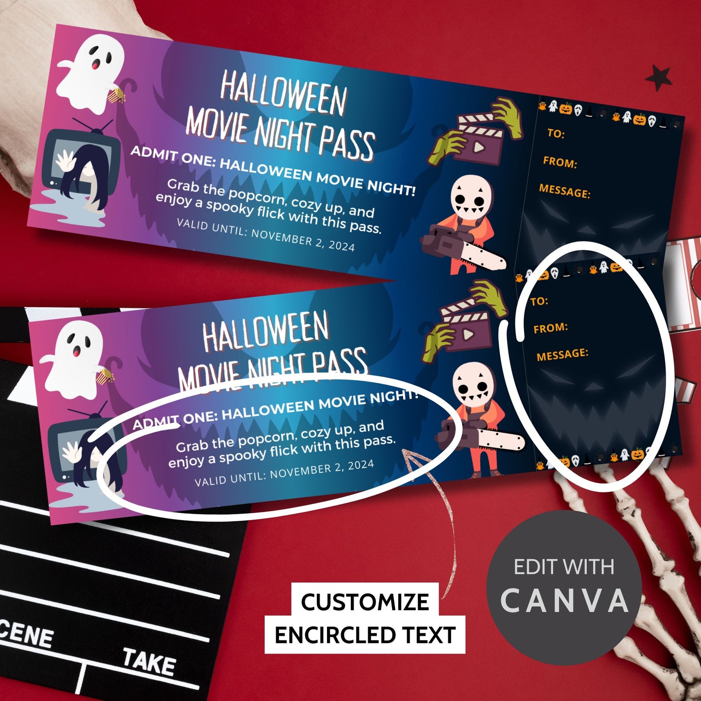 Halloween-themed voucher/gift certificate for a movie night, featuring spooky characters, ghost with popcorn, TV with scary visuals, and a chainsaw-wielding figure, offering an "Admit One" pass for Halloween movie night fun.