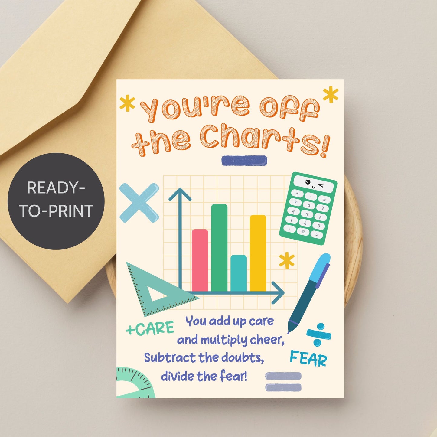 Printable teacher card that says “You’re Off the Charts” with math graph design – 5x7 digital download