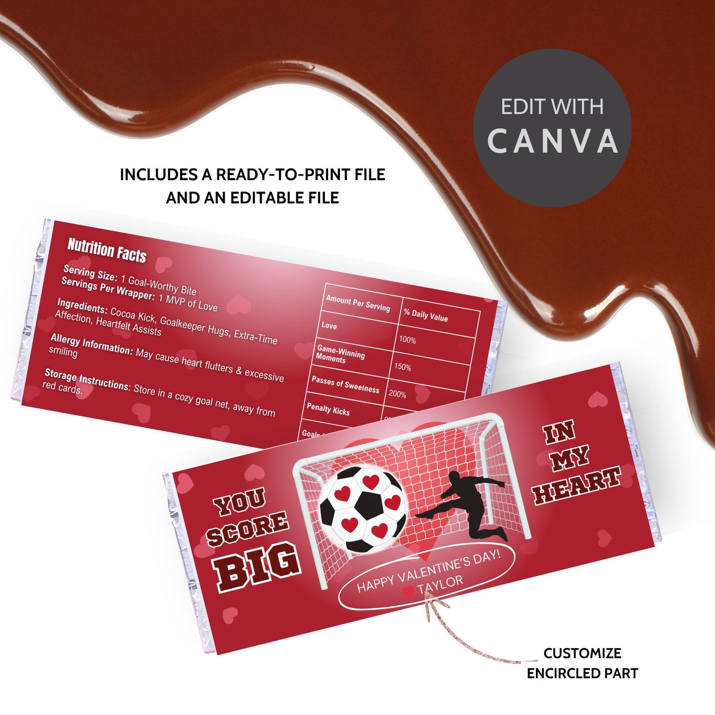 A soccer-themed Valentine’s Day chocolate bar wrapper featuring the phrase "You Score Big in My Heart!" with a festive red background, heart-shaped soccer ball, and a goal scene with a silhouette player. Perfect for teammates, coaches, and soccer fans!