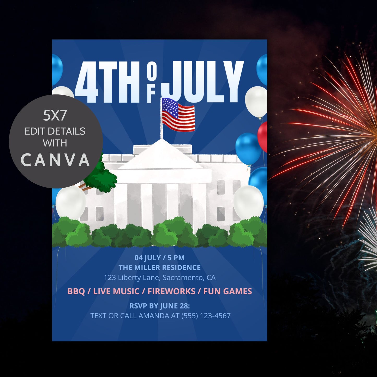 Editable 4th of July invitation featuring the White House, American flag, and red, white, and blue balloons. Great for patriotic cookouts and family celebrations.
