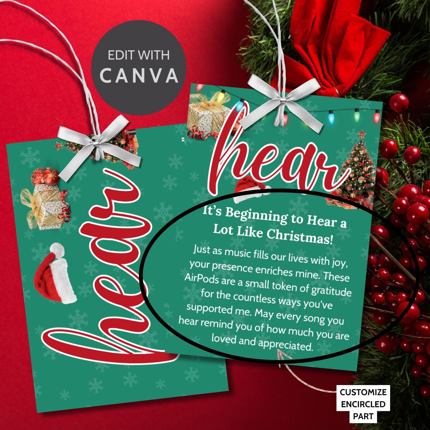 Festive holiday 5 Senses Gift Tags featuring Santa hats, Christmas trees, and snowflakes. Ideal for teachers, nurses, employees, and more. Includes an editable Canva template with personalized descriptions. Double-sided and perfect for spreading holiday cheer!