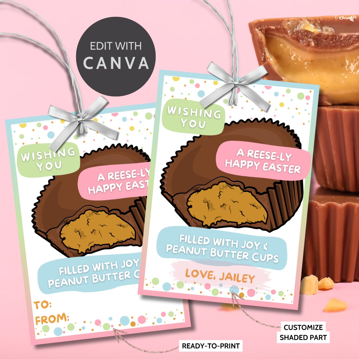 Colorful Easter-themed printable gift tags attached to peanut butter chocolate cups, featuring playful bunny illustrations and the cheerful message 'Wishing You a Hoppy Easter!