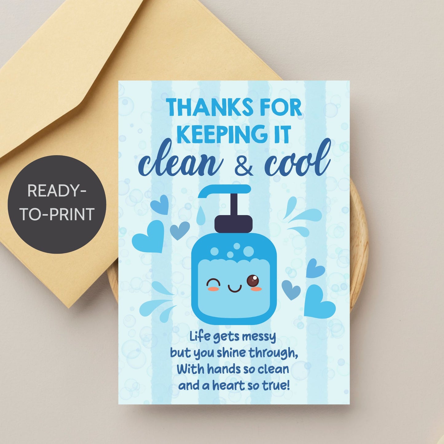 Printable card with a refreshing theme reading “Thanks for Your Refreshing Ways” – 5x7 digital thank-you card for teachers