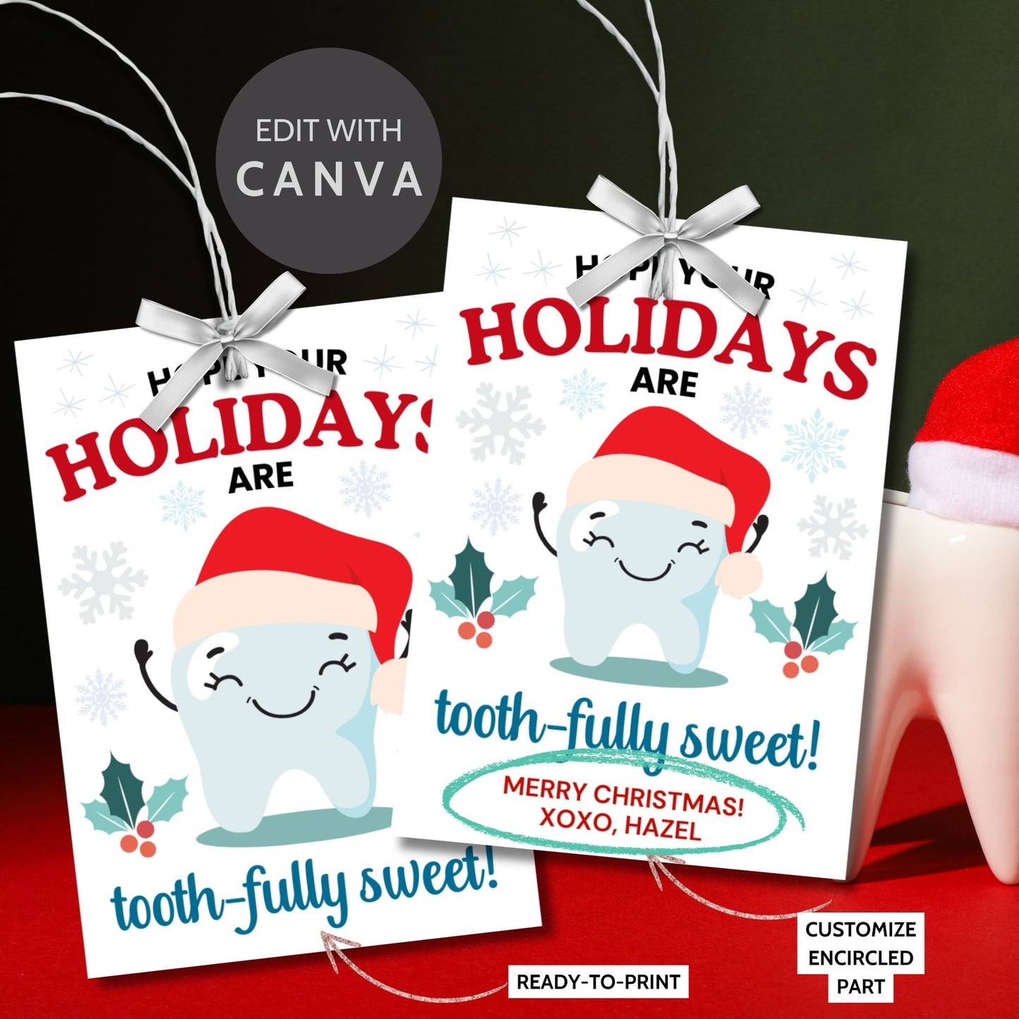 A festive gift tag featuring a cute tooth character in a Santa hat, with holly and snowflakes, perfect for dentist-themed holiday gifts.