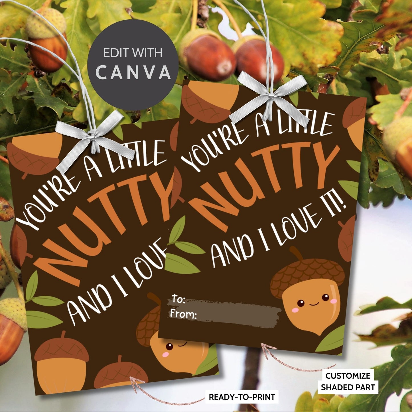 Editable acorn-themed fall gift tags with the message 'You're a Little Nutty and I Love It!' in 2.5 x 3.5 inches, 8 per sheet, available as printable and customizable PDFs.