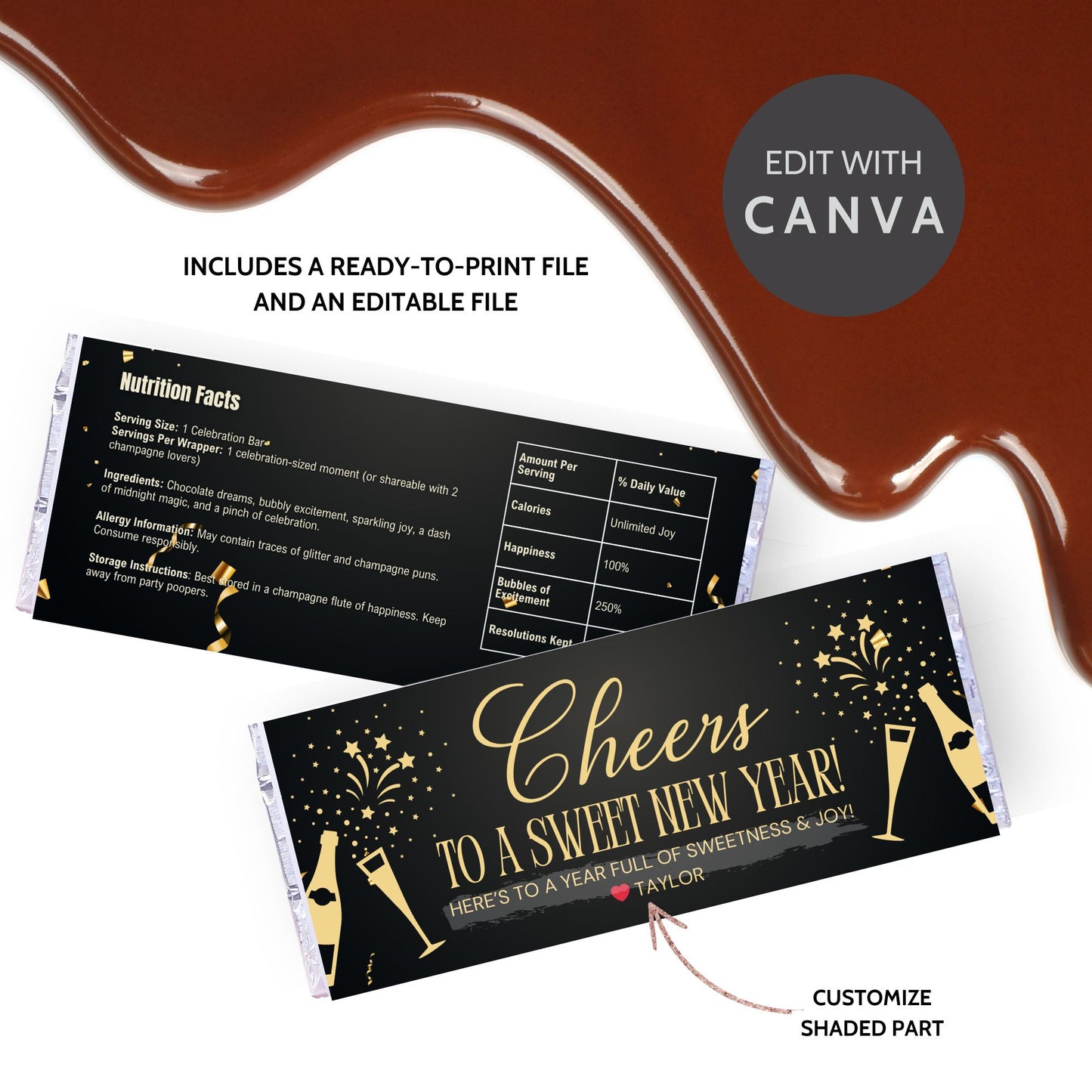 A vibrant New Year chocolate bar wrapper with celebratory designs and customizable text, perfect for adding a personal touch to New Year’s Eve celebrations or party favors.