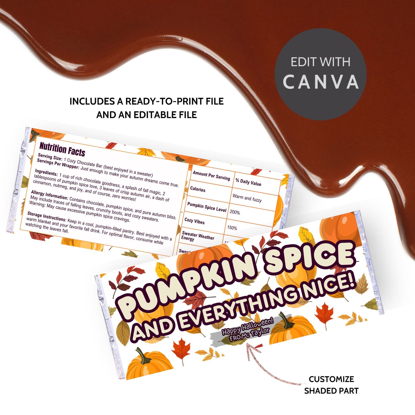 Printable and editable pumpkin-themed Halloween chocolate bar wrapper featuring pumpkins and fall leaves, perfect for Halloween and autumn-themed parties.