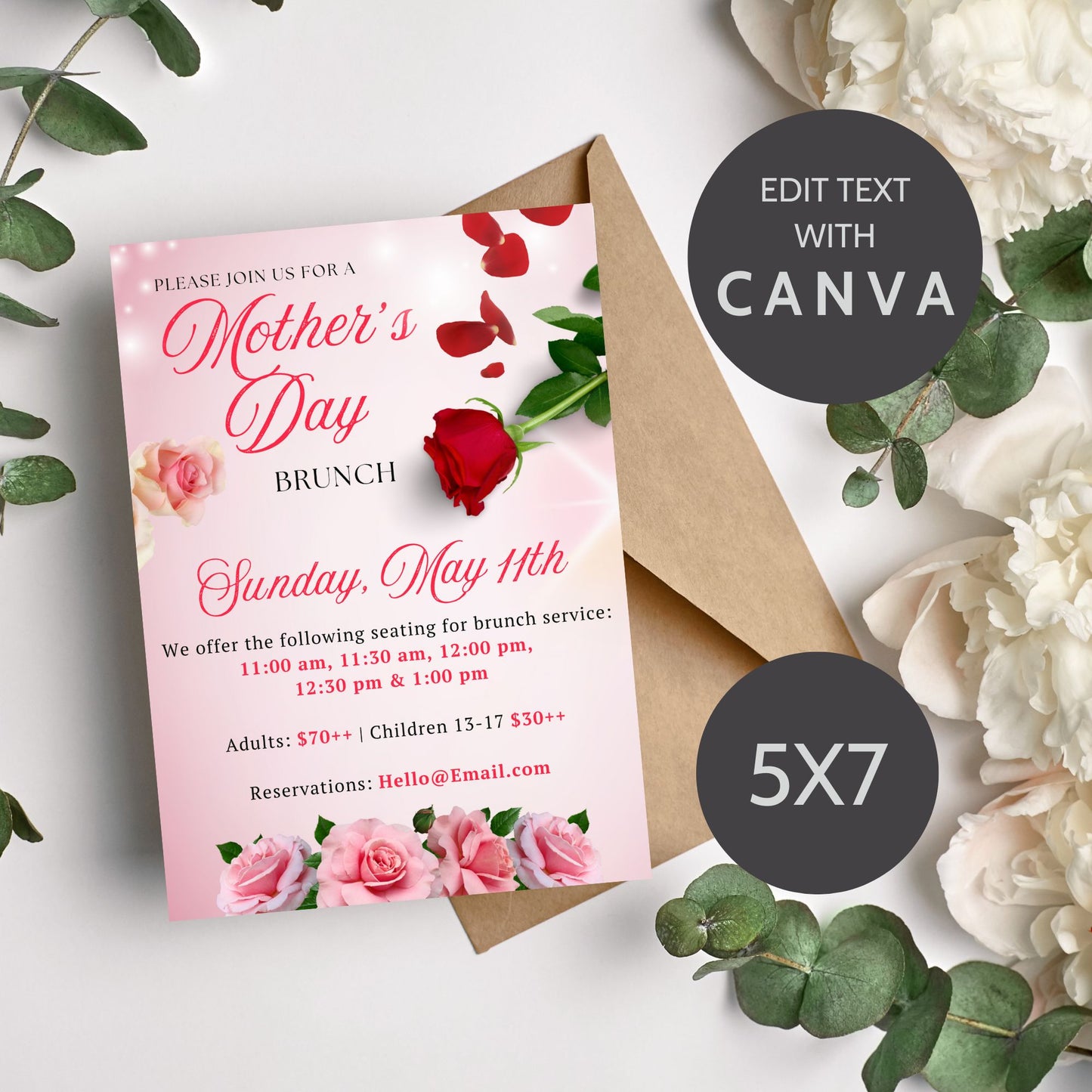Stylish Mother's Day invitation flyer with editable text areas, decorated with elegant red and pink rose designs.