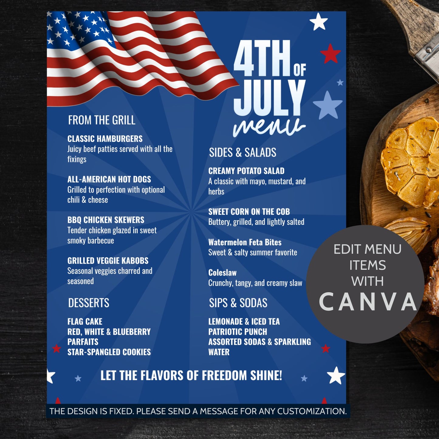 Editable 4th of July BBQ menu with patriotic red, white, and blue theme featuring food sections for grilling, sides, desserts, and drinks – fully customizable in Canva, printable in 8.5x11 format.