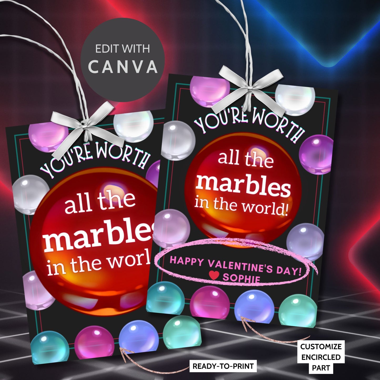 Printable Valentine’s Day gift tags featuring the message "You’re Worth All the Marbles in the World!" with colorful marble designs and a customizable name area. Perfect for kids, teachers, and loved ones.