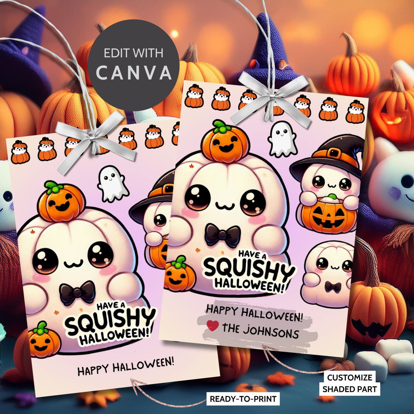 Adorable Halloween-themed printable gift tags featuring cute Squishmallow-style pumpkins and ghosts. The tag reads "Have a Squishy Halloween!" Perfect for Halloween treats, sized 2.5 x 3.5 inches, laid out 8 per sheet. Includes a printable PDF and a link to an editable Canva template.
