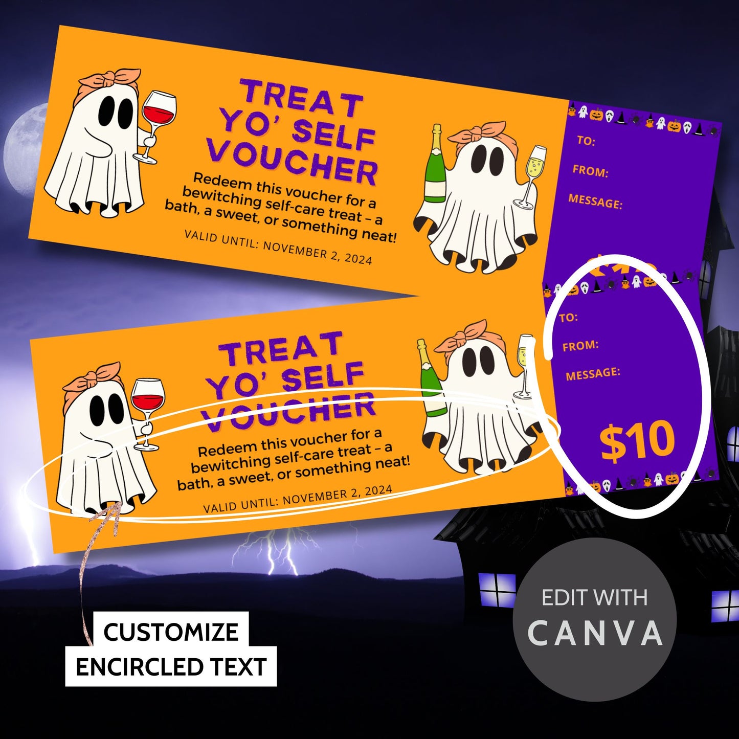 Halloween-themed self-care voucher featuring a cute ghost holding wine and champagne, offering a "Treat Yo' Self" experience for a bath, sweet treat, or something neat.