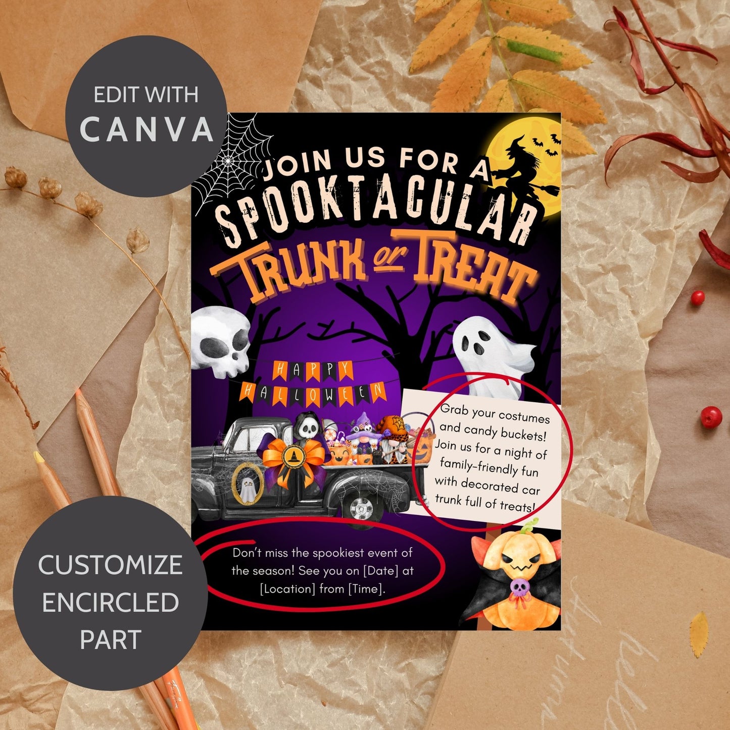 A vibrant Halloween Trunk or Treat invitation featuring spooky trees, a decorated truck with candy, cute ghosts, pumpkins, and a friendly skeleton, inviting families to a night of fun with customizable text fields.