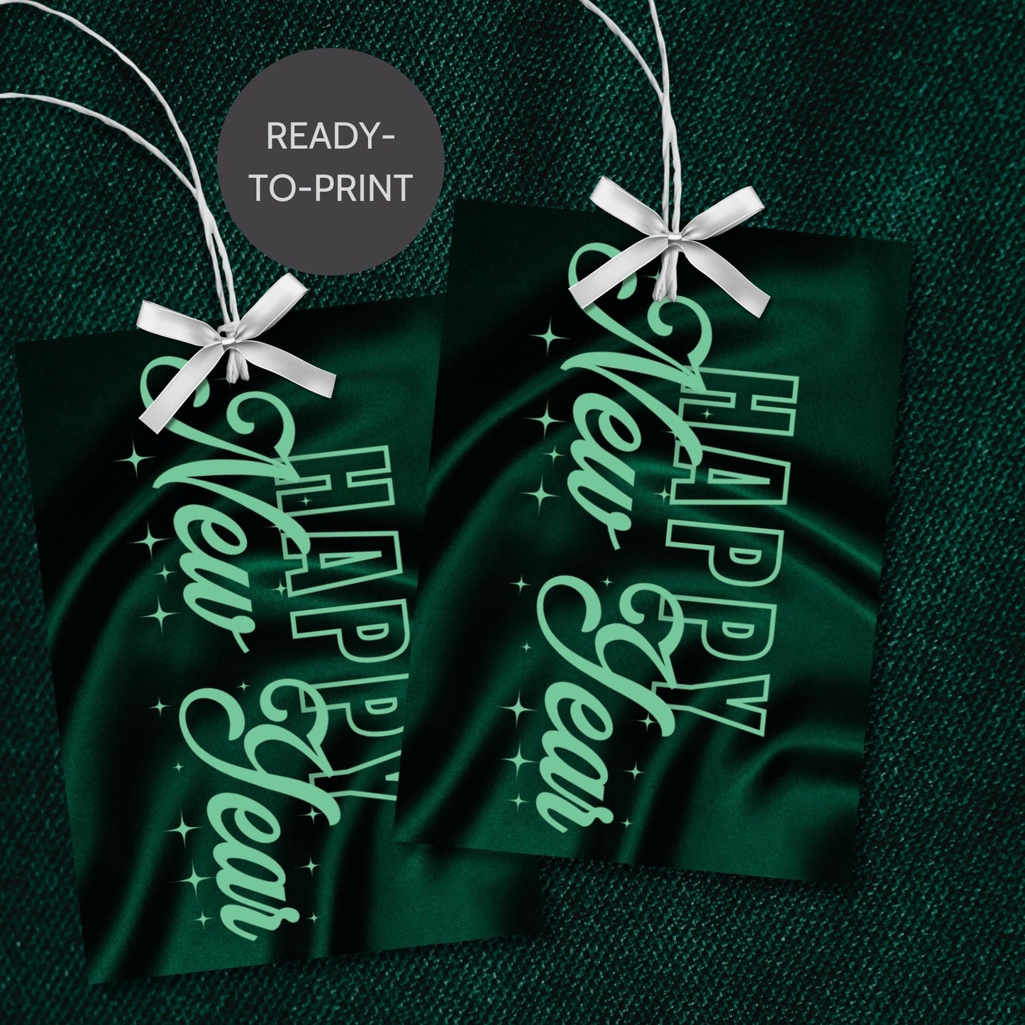 Elegant emerald green Happy New Year printable gift tags with a satin-inspired background and shimmering accents, ideal for luxury gifting and party favors.