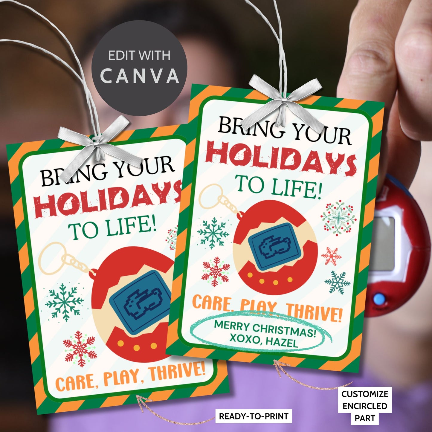 Festive holiday gift tags for Tamagotchi gifts featuring a colorful digital pet theme with a cheerful holiday message, perfect for kids or nostalgic retro lovers.