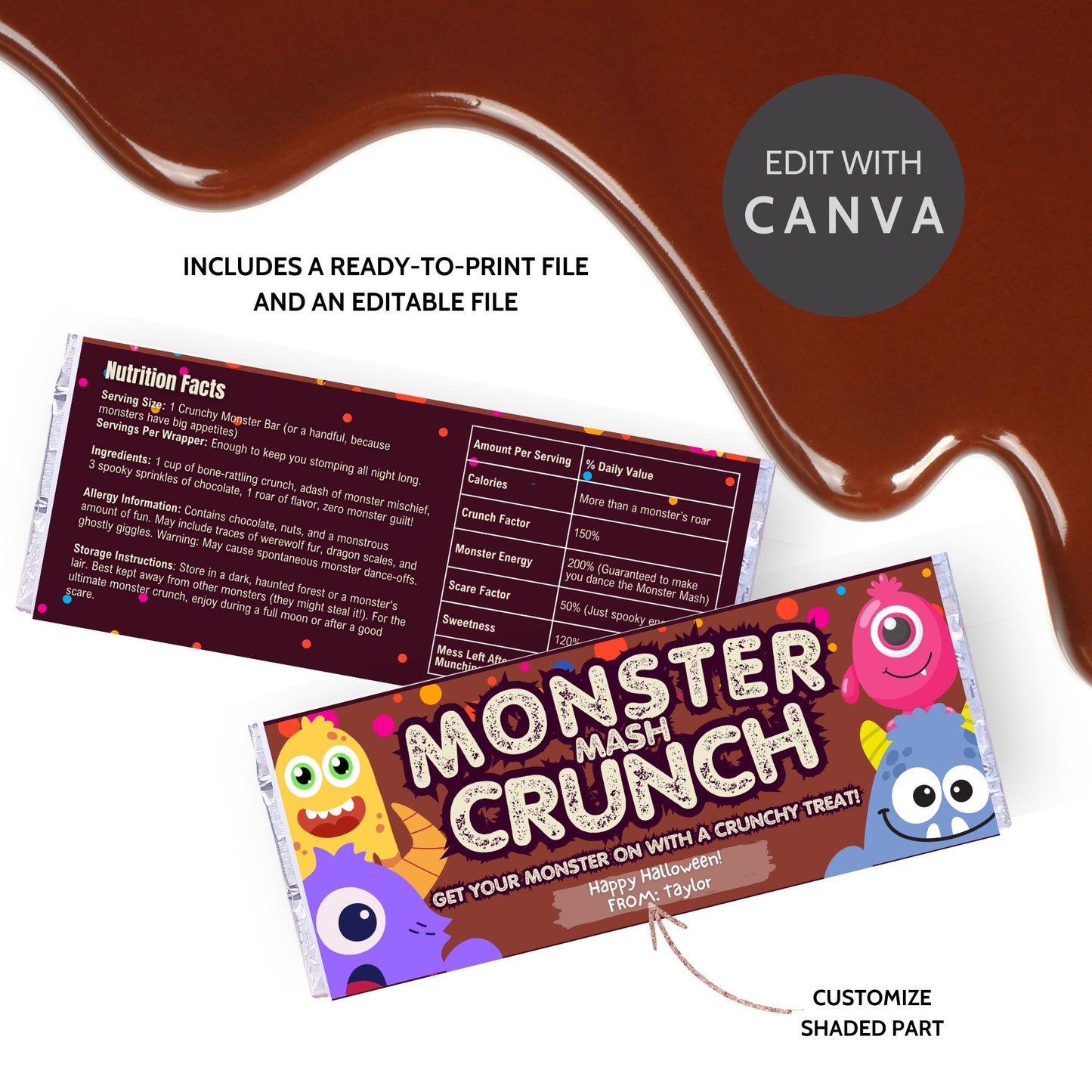 Printable and editable cute monster-themed Halloween chocolate bar wrapper featuring colorful, playful monsters perfect for Halloween parties and trick-or-treating.