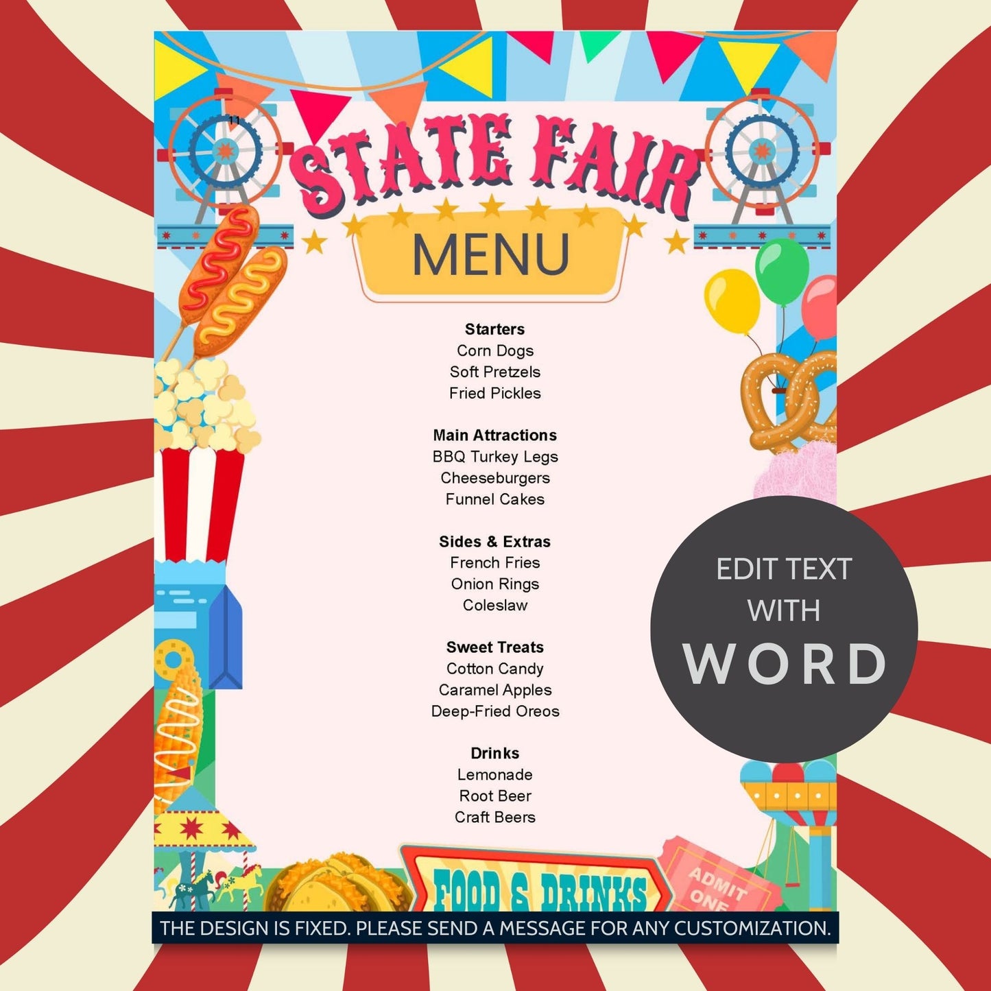 Editable State Fair Menu Template showcasing classic fair food options like corn dogs, funnel cakes, and lemonade, perfect for any carnival, fundraiser, or BBQ event.