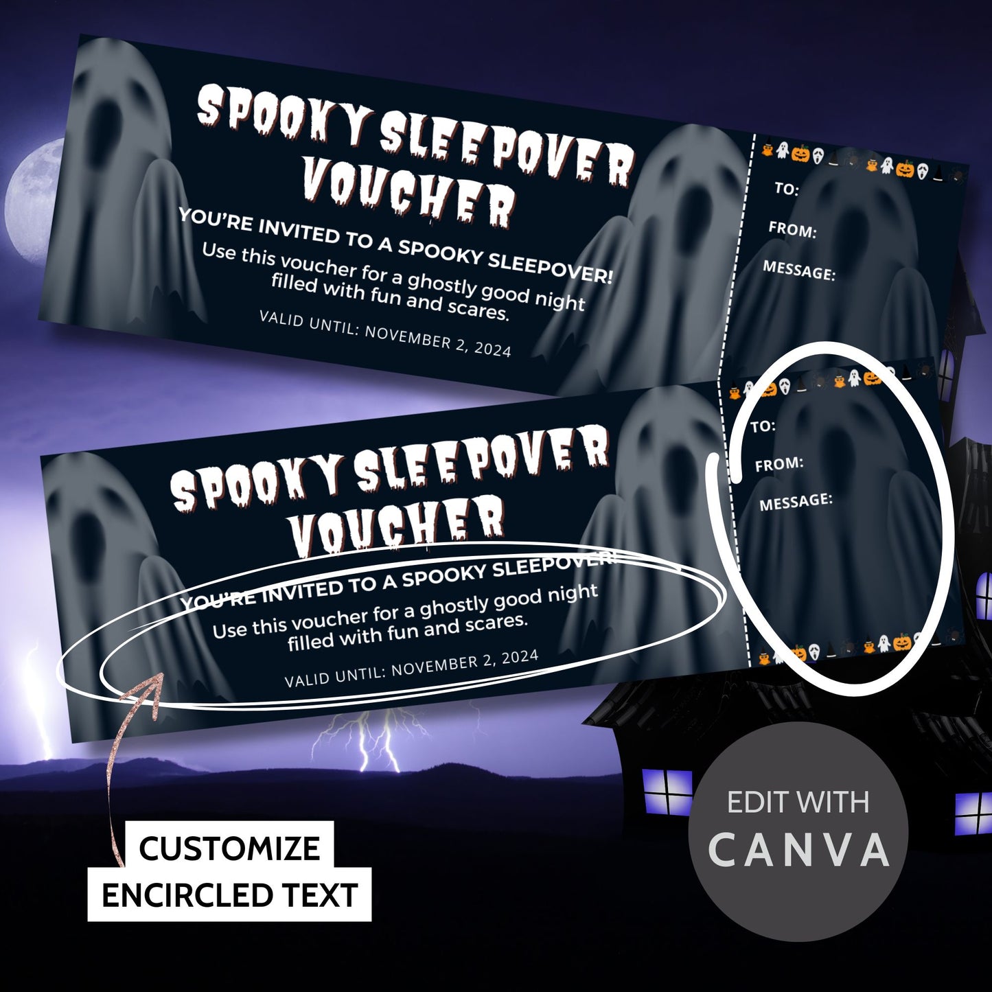 Dark-themed Halloween sleepover voucher featuring eerie ghost silhouettes and a chilling "Spooky Sleepover Voucher" title. The voucher is an invite to a ghostly sleepover full of fun and scares.