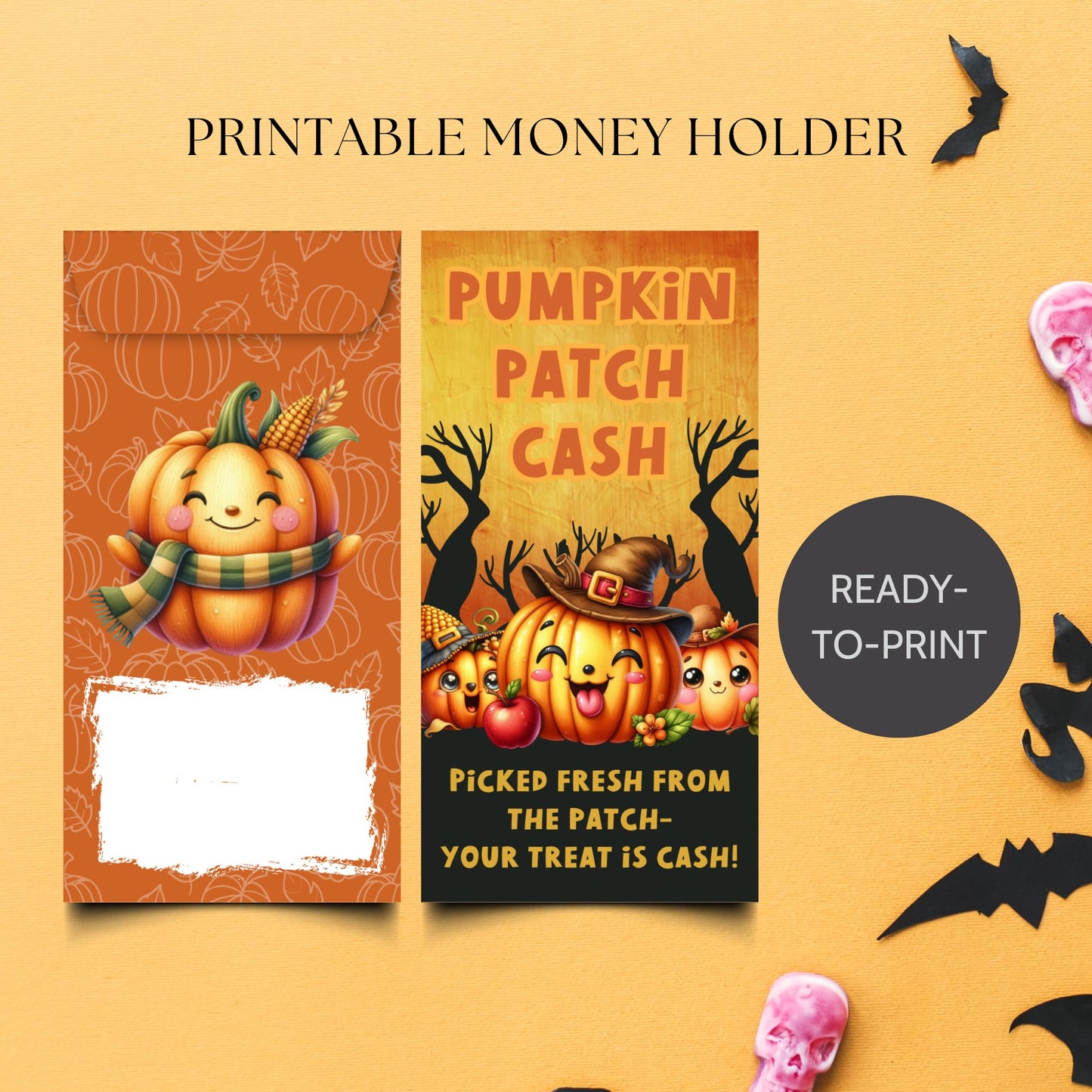 Halloween-themed printable money holder with pumpkins and text on a yellow background.