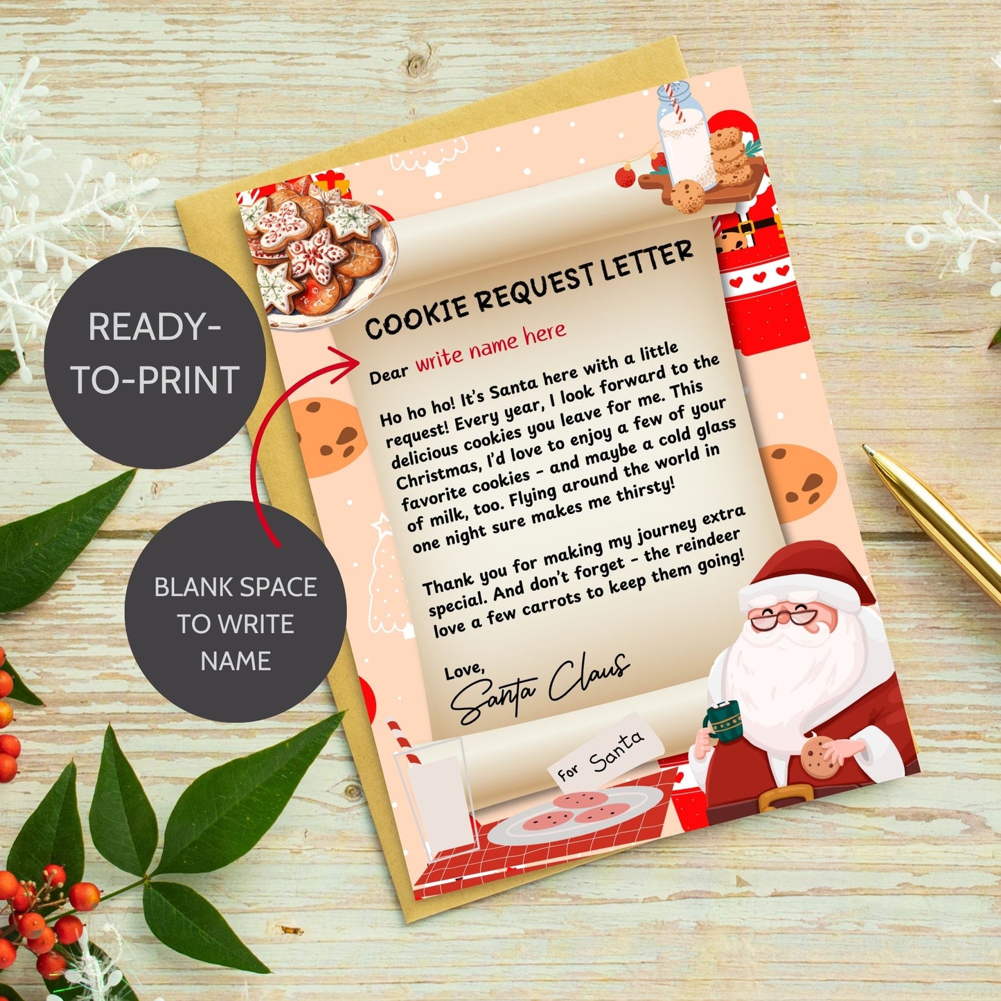 A festive Printable Cookie Request Letter, sized 5x7 inches, featuring a playful message from Santa asking for his favorite cookies, perfect for adding extra magic to Christmas Eve traditions.