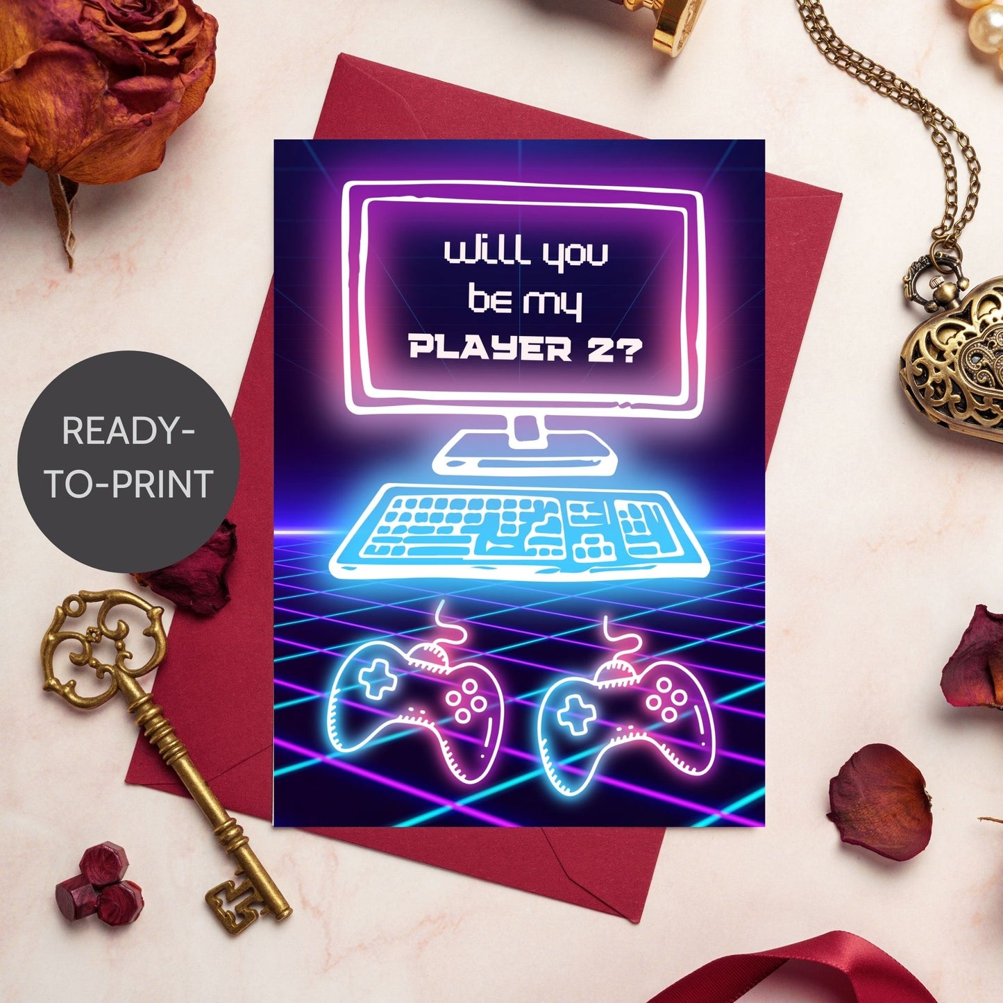 Printable Valentineās Day Greeting Card with the message āWill You Be My Player 2?ā Designed as a 5x7 PDF on an 8.5 x 11 sheet with two cards per page. A fun and geeky Valentineās card for gamers and couples.