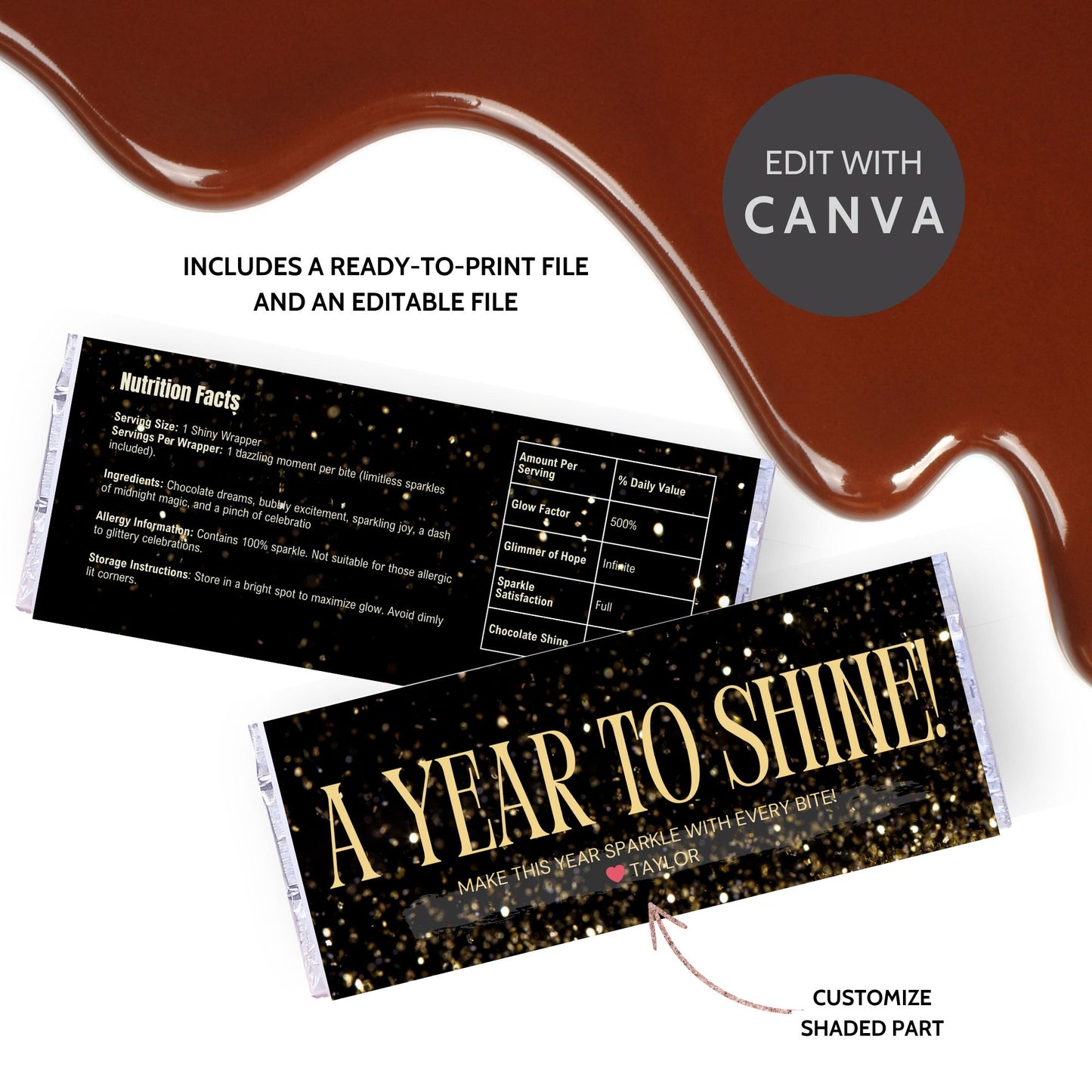 A chic and elegant New Year chocolate bar wrapper with modern, customizable designs, perfect for enhancing your New Year party favors or gifts.