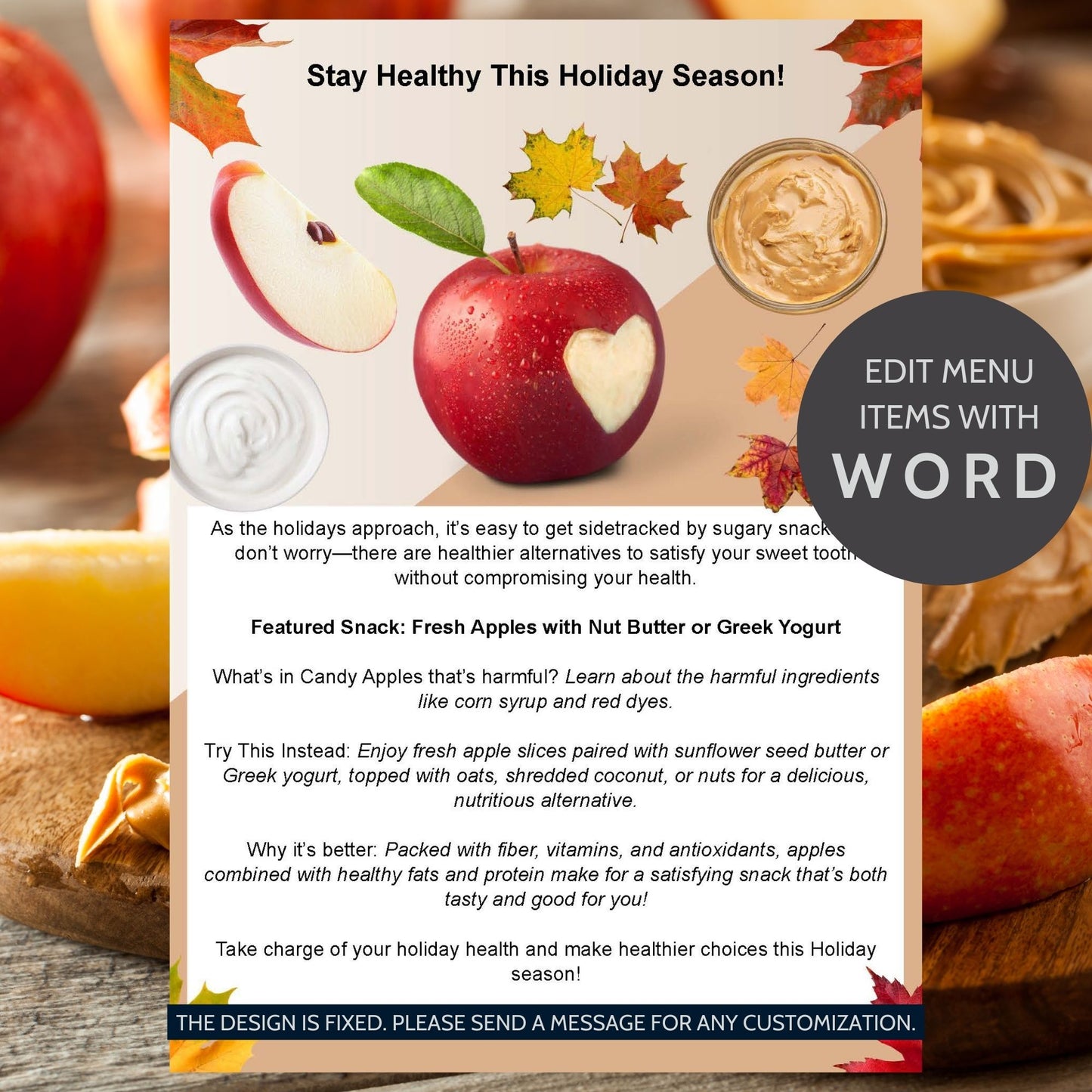 Editable menu template promoting healthy alternatives to candy apples, featuring fresh apple slices with nut butter or Greek yogurt, perfect for wellness events, cafes, and health-conscious consumers.