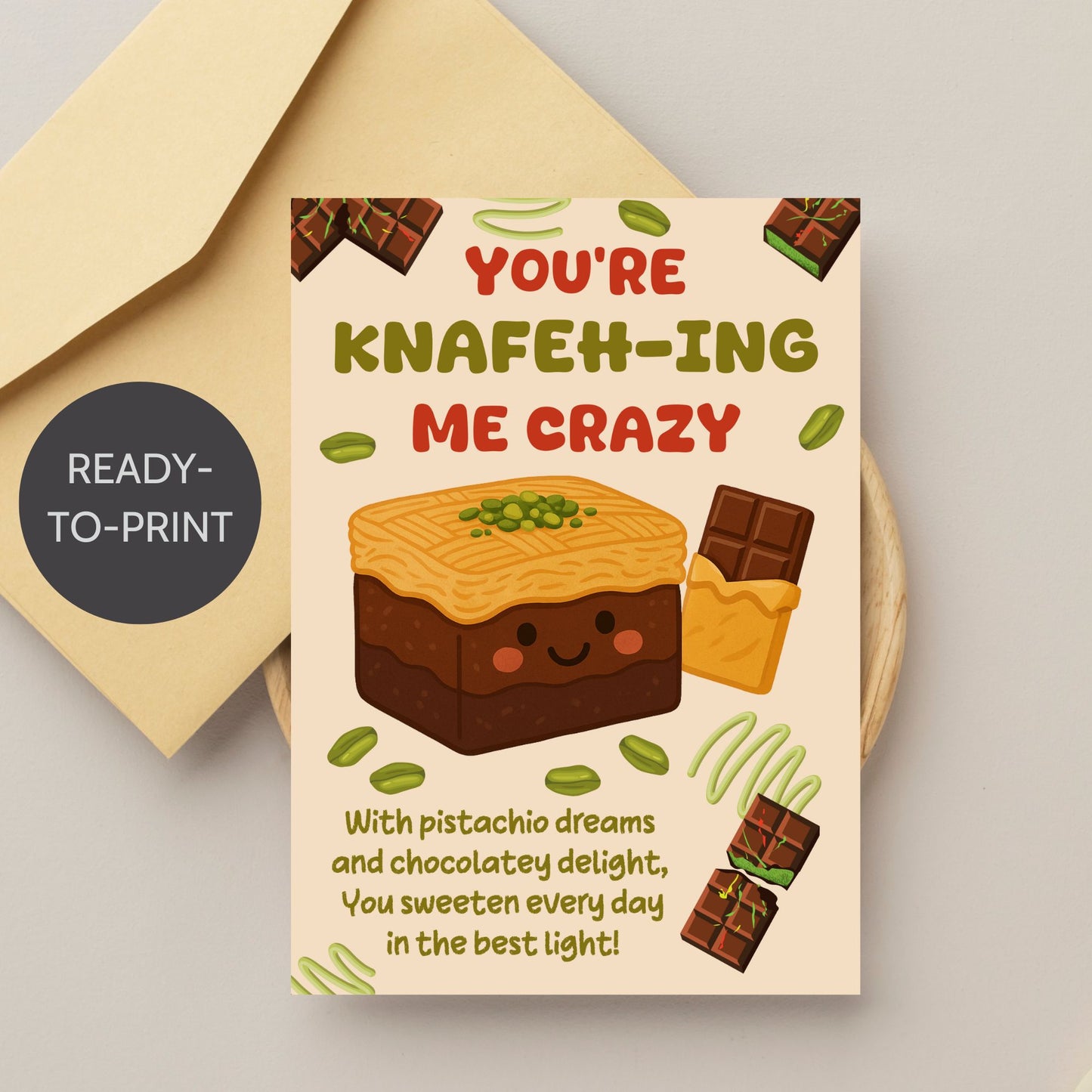 Printable card with playful Middle Eastern dessert pun reading “You’re Knafehing Me Crazy” – 5x7 PDF digital download
