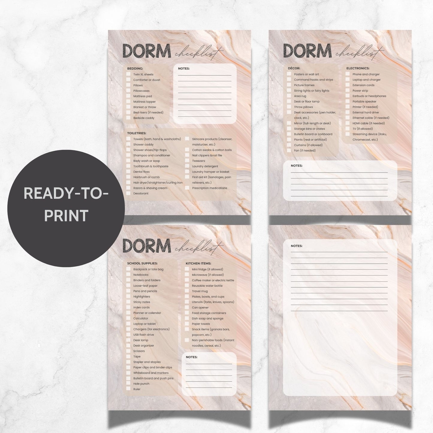 Printable Dorm Checklist with a stylish taupe marble design, listing all essential items for college students