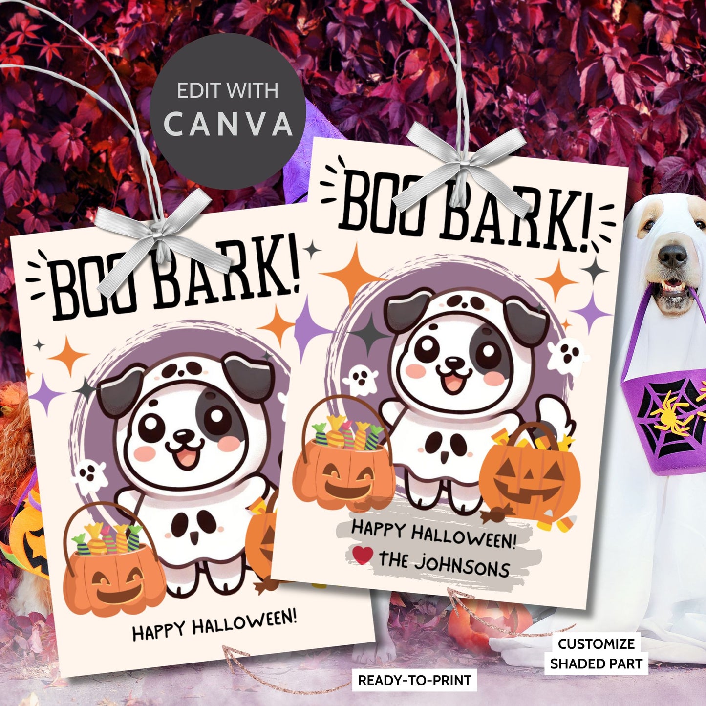 Printable Halloween gift tags featuring an adorable dog dressed in a Halloween costume with the message "Boo Bark!" Tags are 2.5 x 3.5 inches, laid out 8 per sheet on an 8.5 x 11-inch page. Includes a printable PDF and a PDF with a link to an editable Canva template.