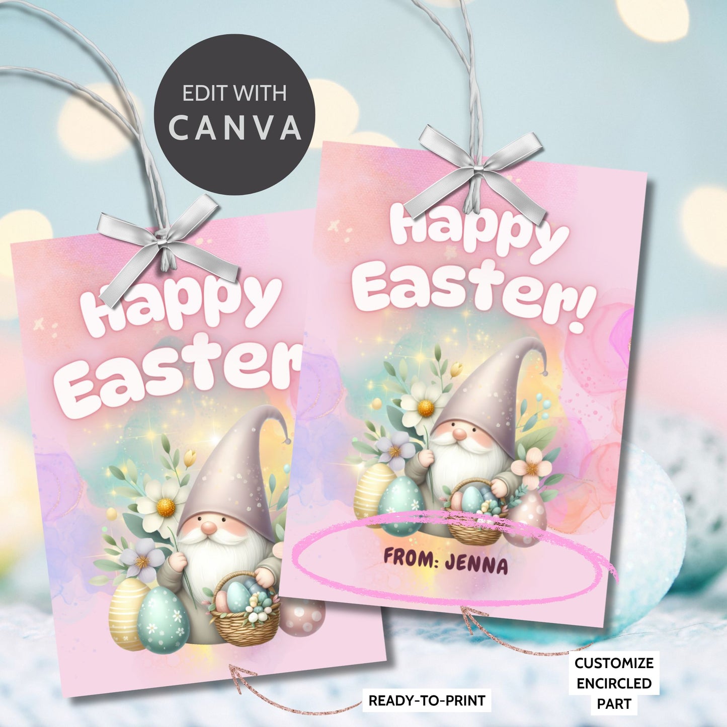 Colorful Easter gift tags with cute gnome designs, ready for personalization and printing, set against a vibrant pastel background.