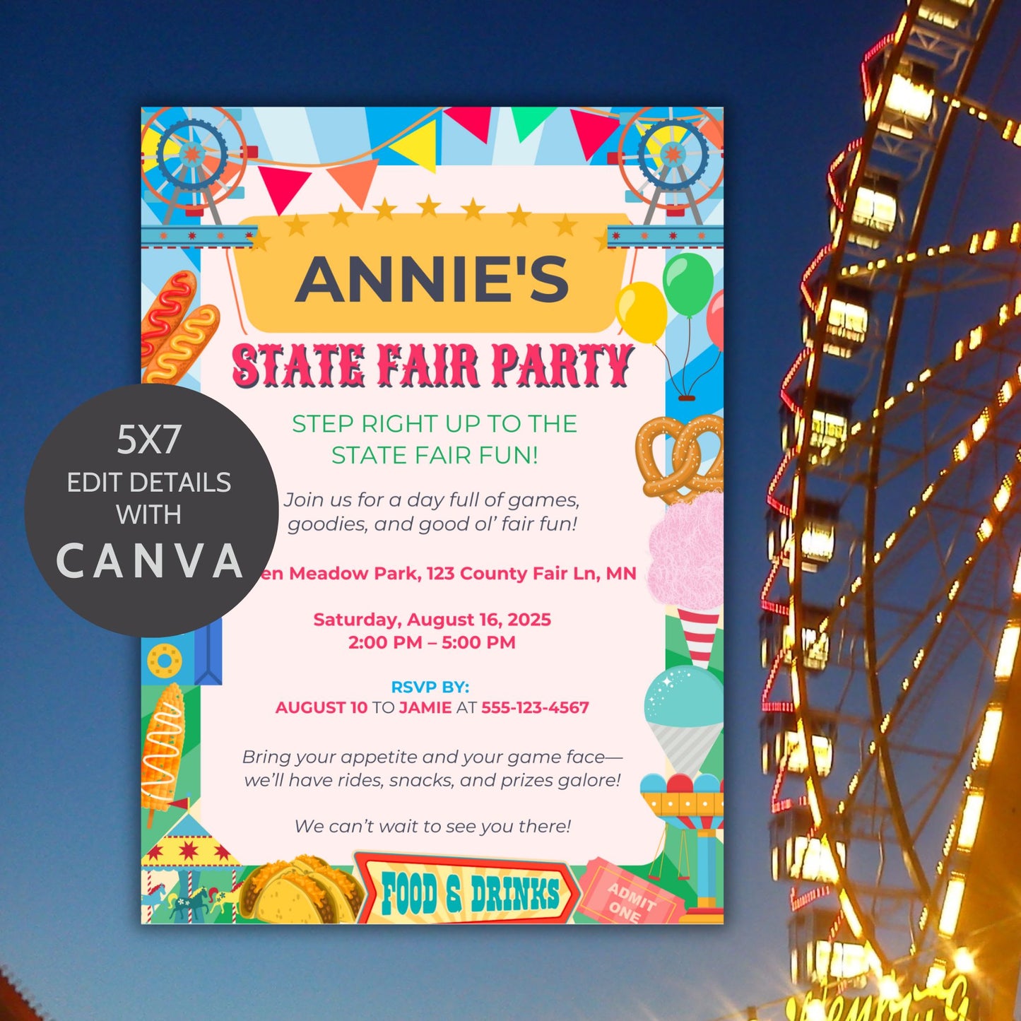 Editable State Fair Party Invitation with Ferris wheels, popcorn, cotton candy, hot dogs, and colorful fair elements; 5x7 Canva template printable for birthdays or summer events.