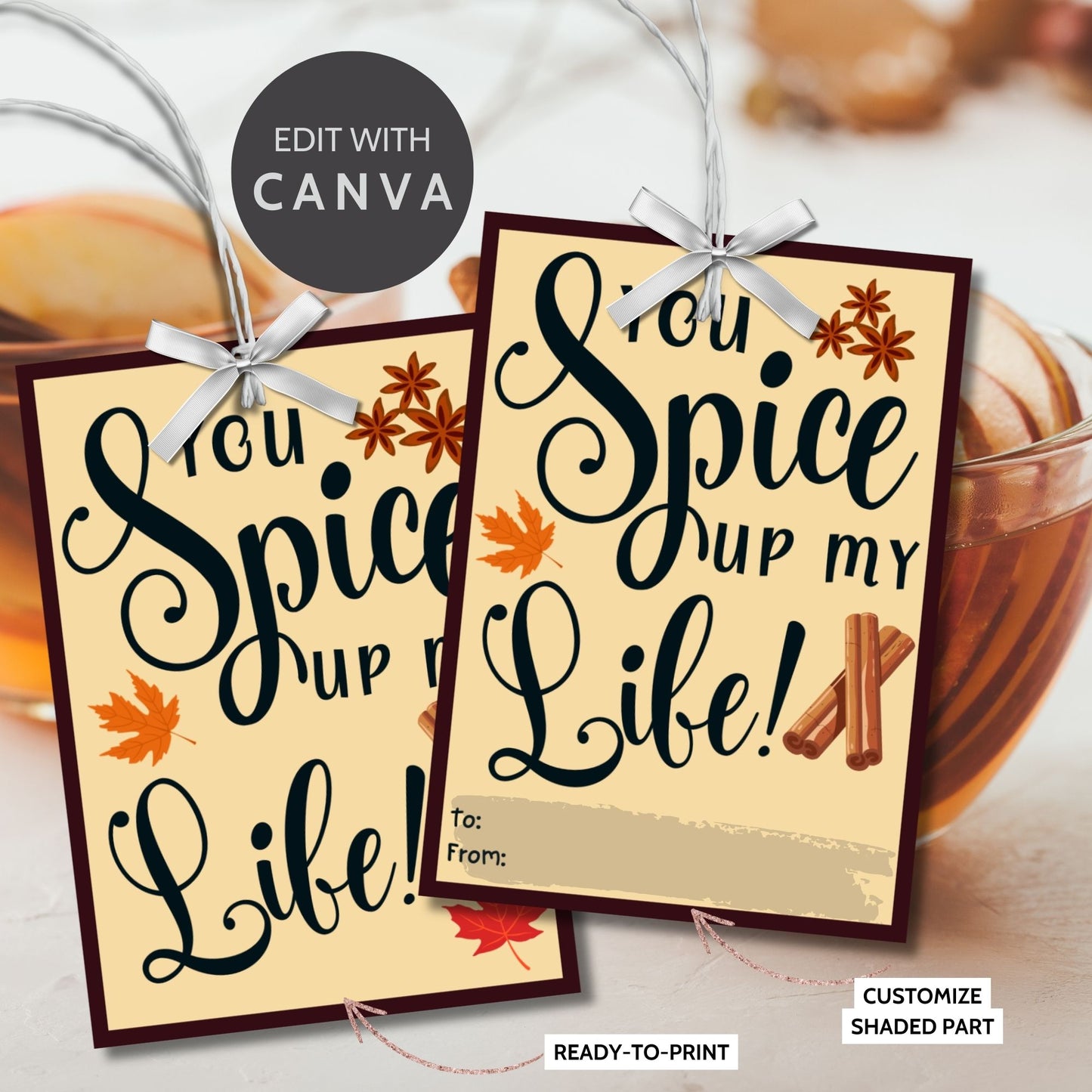 Editable spices-themed fall gift tags with the message 'You Spice Up My Life!' in 2.5 x 3.5 inches, 8 per sheet, available as printable and customizable PDFs.
