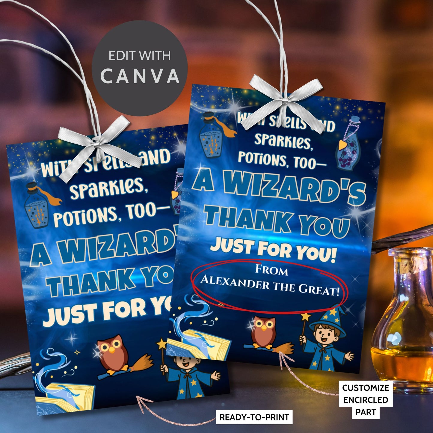 Two blue wizard-themed thank you cards with white ribbons on a dark background.