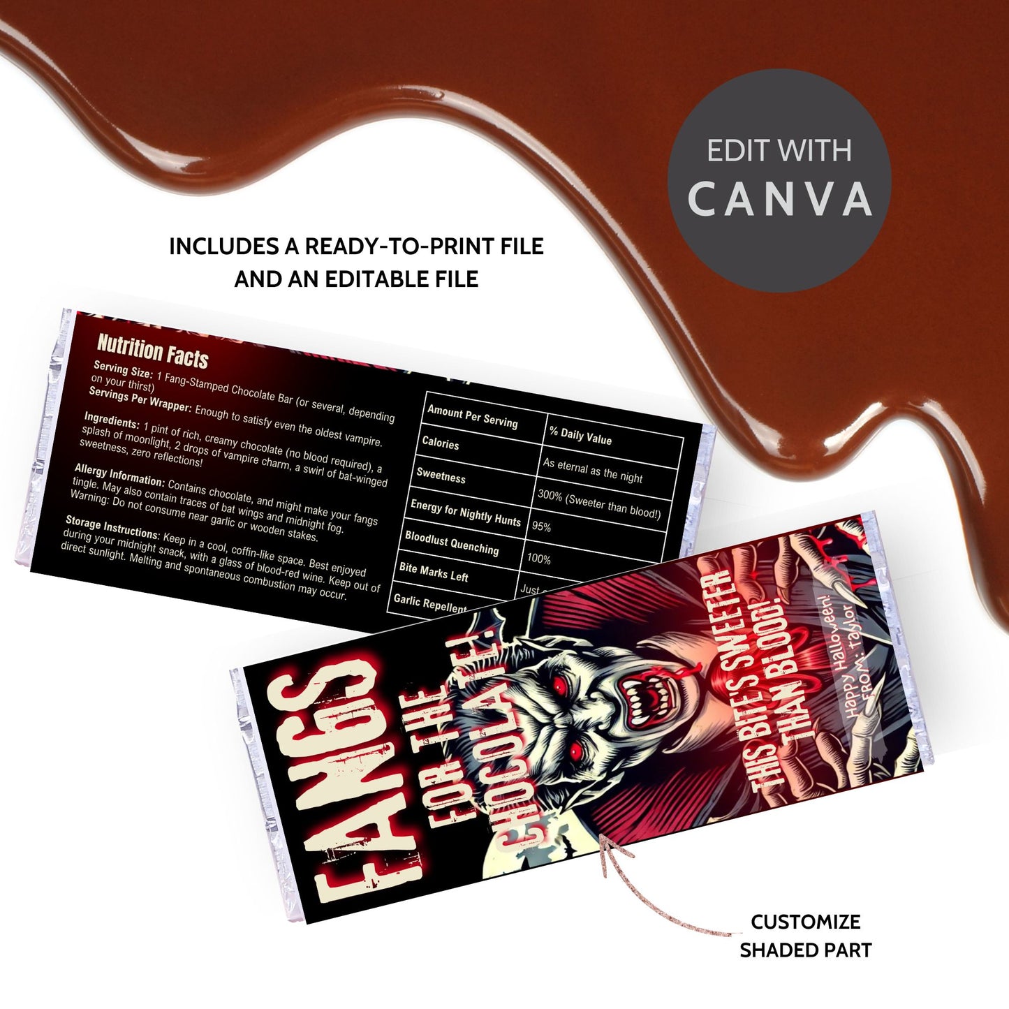 Printable and editable vampire-themed Halloween chocolate bar wrapper featuring a menacing vampire, perfect for spooky treats and Halloween parties.