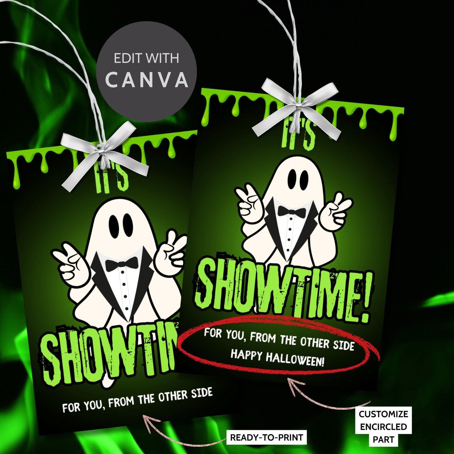 Halloween gift tag design inspired by Beetlejuice with the phrase "It's Showtime!" featuring a ghost in a tuxedo on a green dripping goo background. Sized at 2.5 x 3.5 inches, these tags are laid out 8 per sheet, perfect for dressing up Halloween treats.
