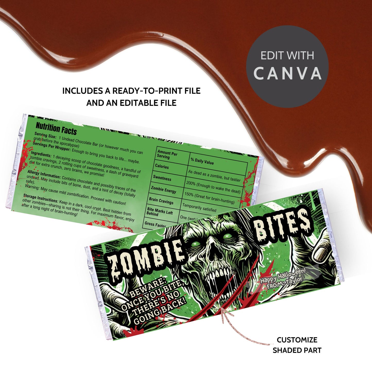 Printable and editable zombie-themed Halloween chocolate bar wrapper featuring a scary zombie design, perfect for trick-or-treat and spooky parties.