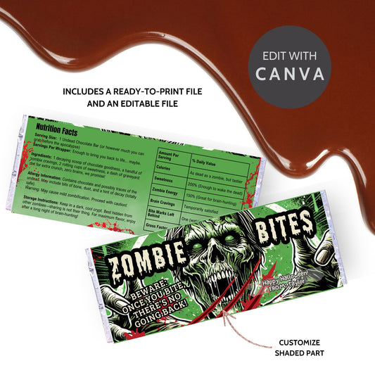 Printable and editable zombie-themed Halloween chocolate bar wrapper featuring a scary zombie design, perfect for trick-or-treat and spooky parties.
