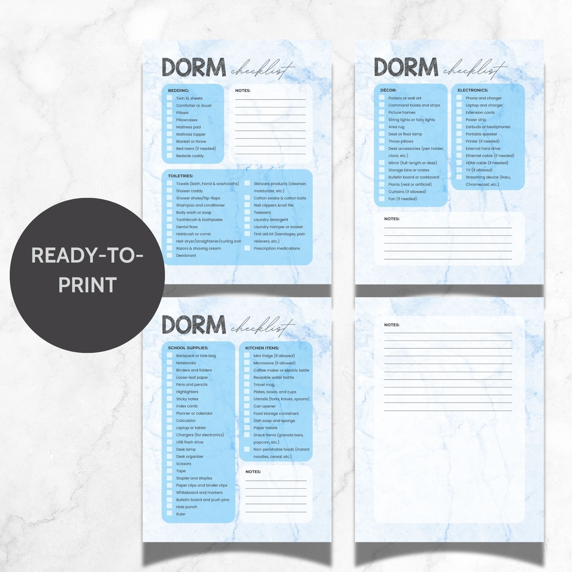 Printable Dorm Checklist - Blue Marble Design | College Essentials PDF ...