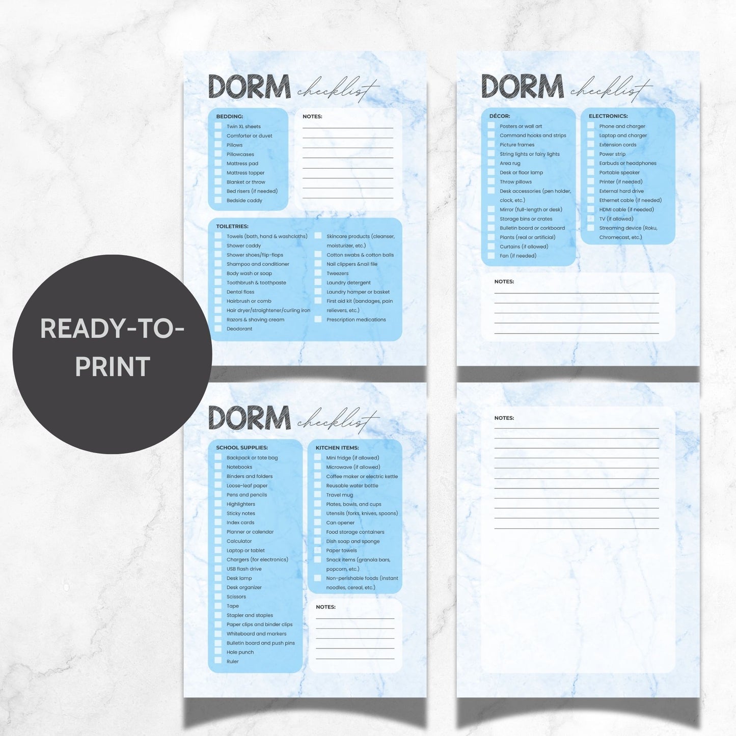 Printable Dorm Checklist with a stylish blue marble design, listing all essential items for college students.