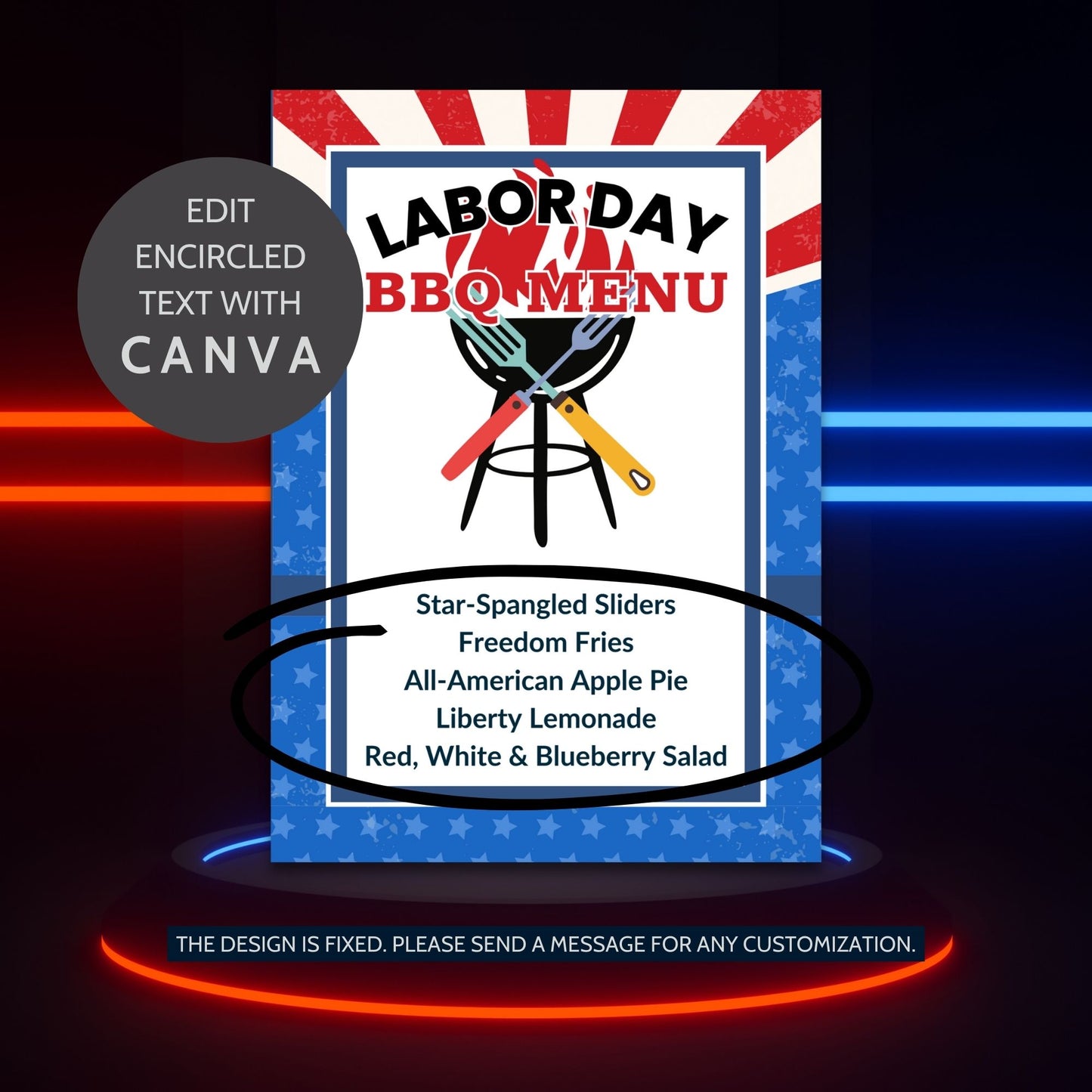 Patriotic Labor Day BBQ menu with red, white, and blue design, featuring editable food items like Star-Spangled Sliders and Liberty Lemonade.
