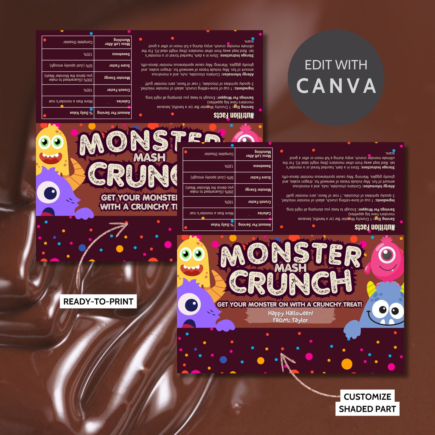 Printable and editable cute monster-themed Halloween chocolate bar wrapper featuring colorful, playful monsters perfect for Halloween parties and trick-or-treating.