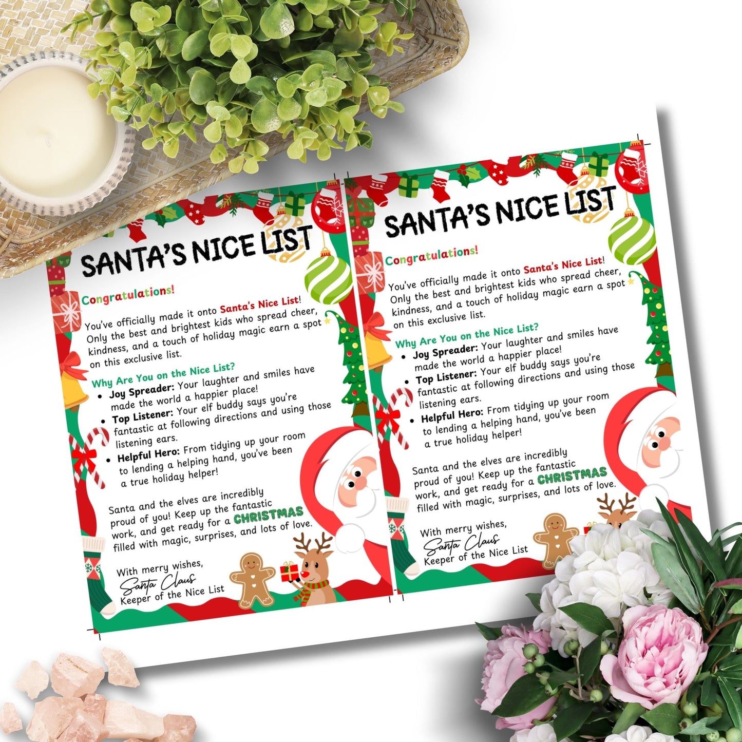 A festive Printable Santa’s Nice List card, sized 5x7 inches, featuring cheerful holiday designs and a classic Santa-approved message, perfect for celebrating those who made it to the Nice List this Christmas.