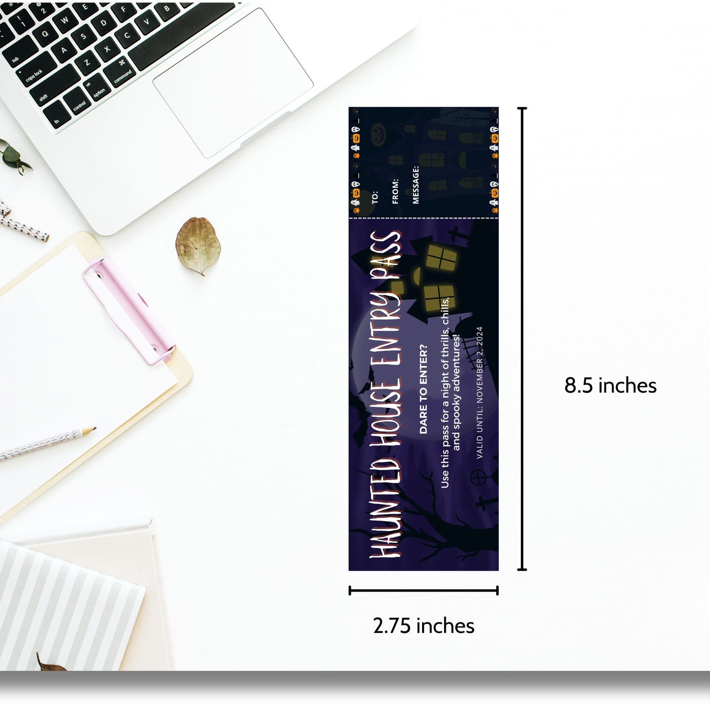 Dark and eerie Halloween-themed voucher with a haunted house illustration, graveyard, bats, and full moon backdrop, offering a "Haunted House Entry Pass" for thrills, chills, and spooky adventures.