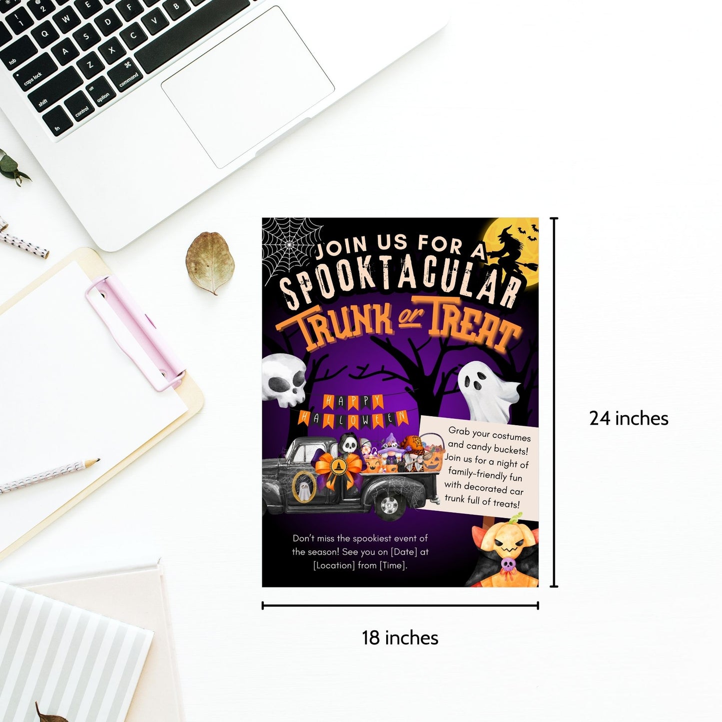 Colorful and fun Trunk or Treat Halloween poster with spooky-themed designs, featuring ghosts, pumpkins, and candy-filled car trunks, perfect for family-friendly events like Halloween gatherings.