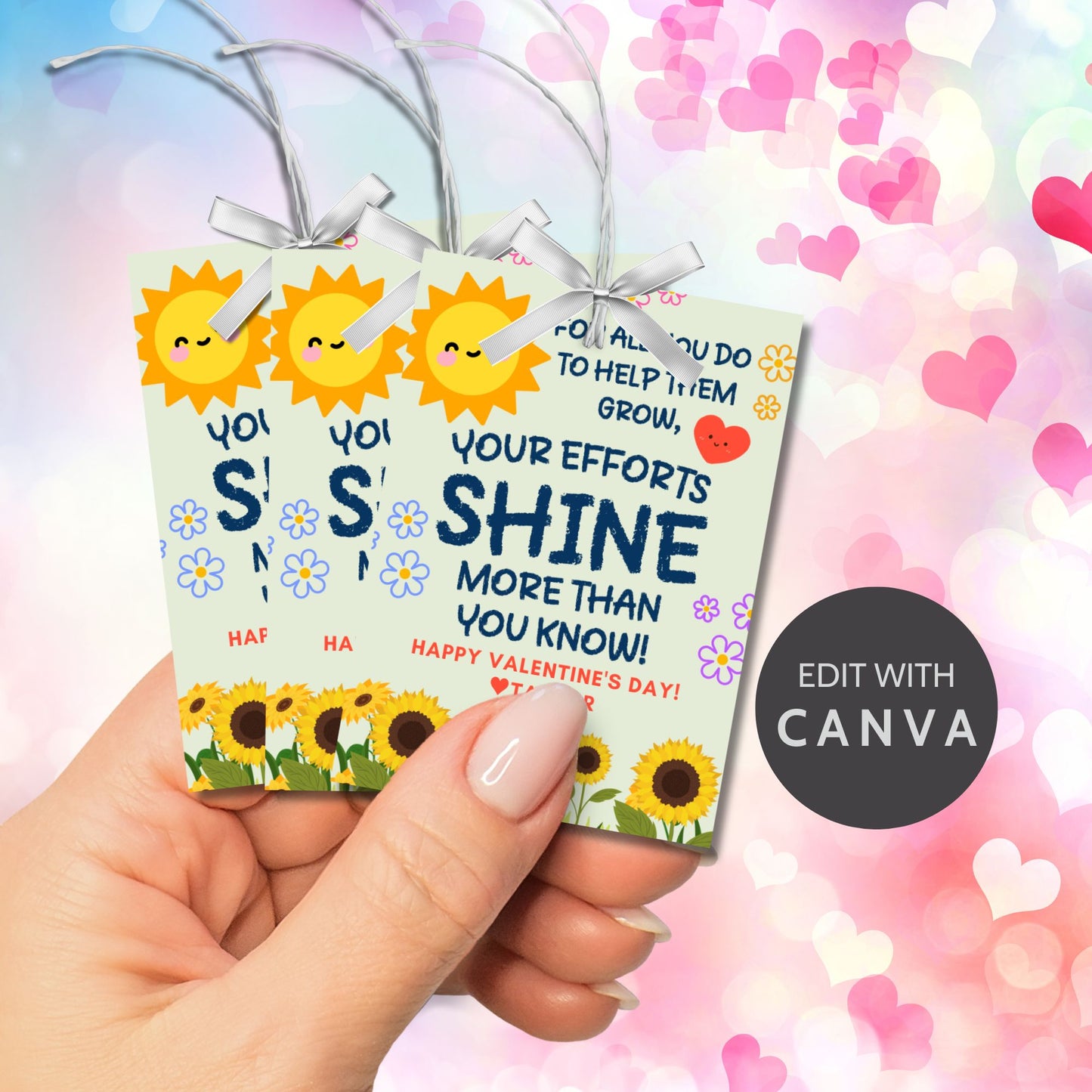 A set of printable Valentineās Day appreciation gift tags featuring a bright and cheerful sunflower and sunshine theme. The text reads, āFor all you do to help them grow, your efforts shine more than you know!ā in a playful, bold font. Editable and printable, 8 per sheet on 8.5 x 11 inches, perfect for teachers, parents, and mentors.