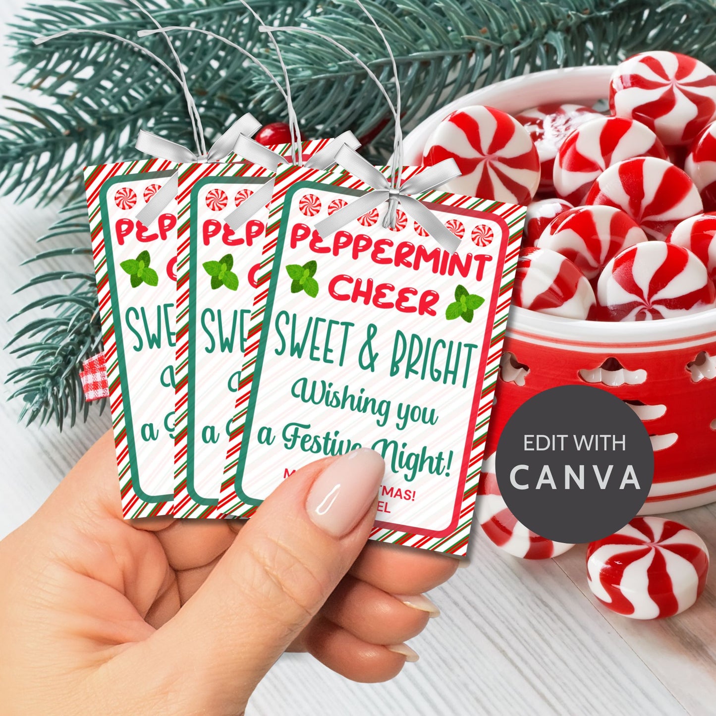 Printable Christmas gift tags with the message 'Peppermint Cheer, Sweet & Bright,' featuring a candy cane border and festive holiday design. Perfect for peppermint or candy cane gifts.