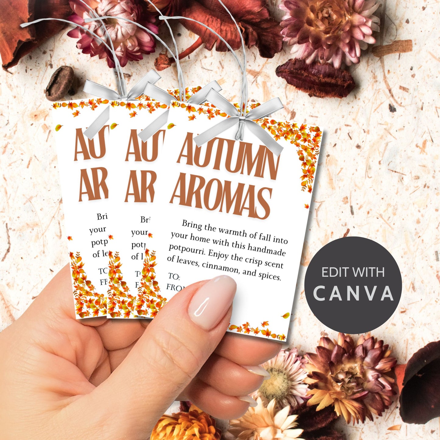 Printable 'Autumn Aromas' fall gift tags with a festive leaf border, perfect for seasonal gifting, potpourri, and Thanksgiving presents. Includes customizable To/From sections for a personalized touch.